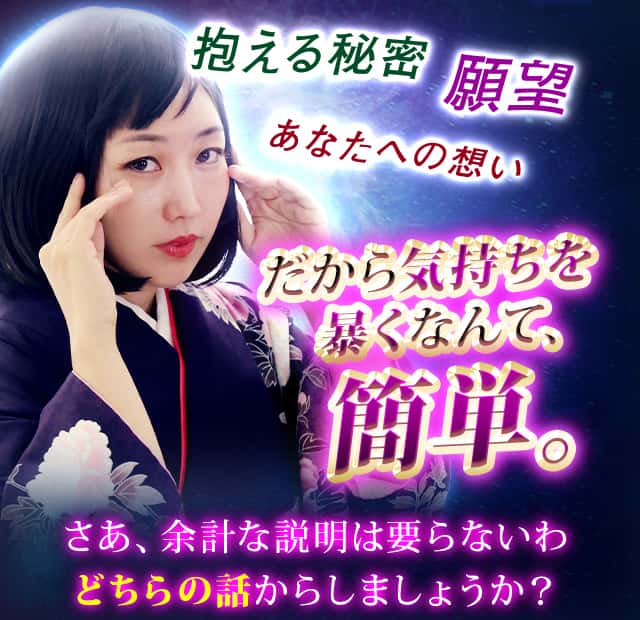 抱える秘密、願望、あなたへの想いだから気持ちを暴くなんて、簡単。さあ、余計な説明は要らないわどちらの話からしましょうか？